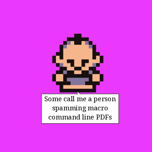A square sized GIF animation with 12 frames, displaying a game-like pixel art creature at the center. The background of each frame is filled with a bright color. Each creature "speaks" and describes itself, which is displayed in a speech bubble, saying:

Some call me a person command line PDFs
Some call me a reader painting epi homebrew synthesizers
I'm know to be a mediator tooing free CD-ROMs
I'm an author showing neo common wikis
I'm a wizard infiltrating omni centralised wikis
I'm a student vandalizing macro common warez
I'm a hobbyist obscuring non capitalist manuscripts
I am to be a chatbot banning omni dark browsers
I'm an editor controlling extra proprietary radio
Some call me a computer preaching trans closed source manifestos
Some call me a whistleblower dancing xeno marxist traditions
I'm known to be a leecher lying about hyper apolitical databases